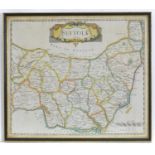 Map: A hand coloured engraved map of Suffolk by Robert Morden (c. 1650-1703). Approx. 14 3/4" x