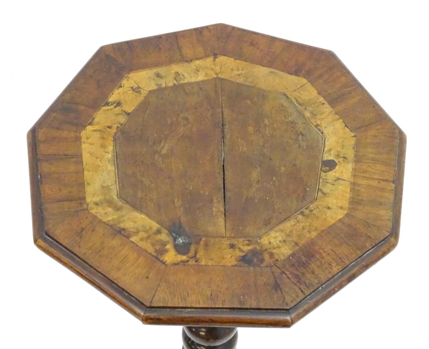 A 17thC and later walnut candle stand with a crossbanded top above a bobbin turned stem and three - Image 4 of 7