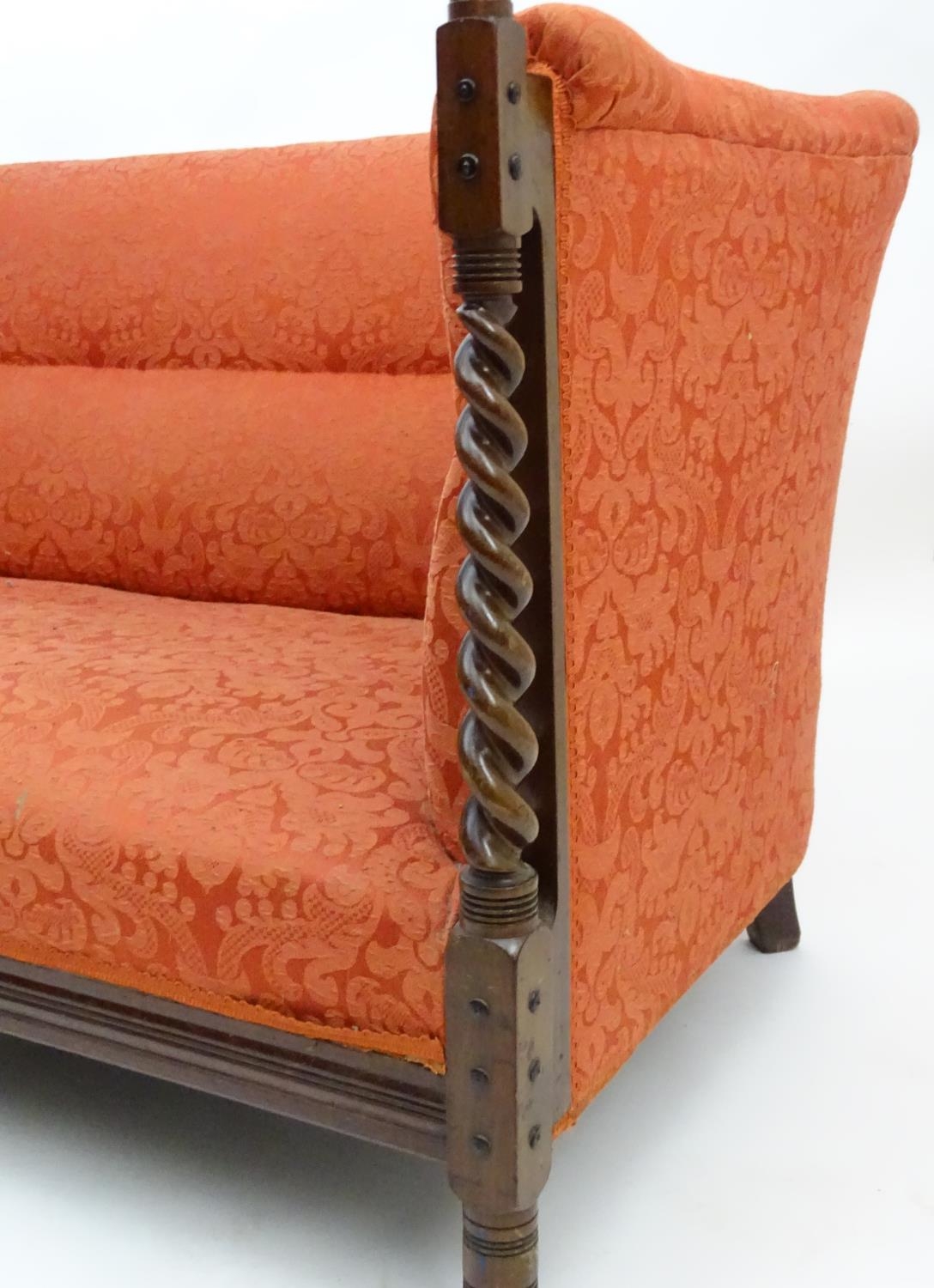 A late 19thC Arts & Crafts three seat sofa with turned barley twist pillars to the front with turned - Image 12 of 13