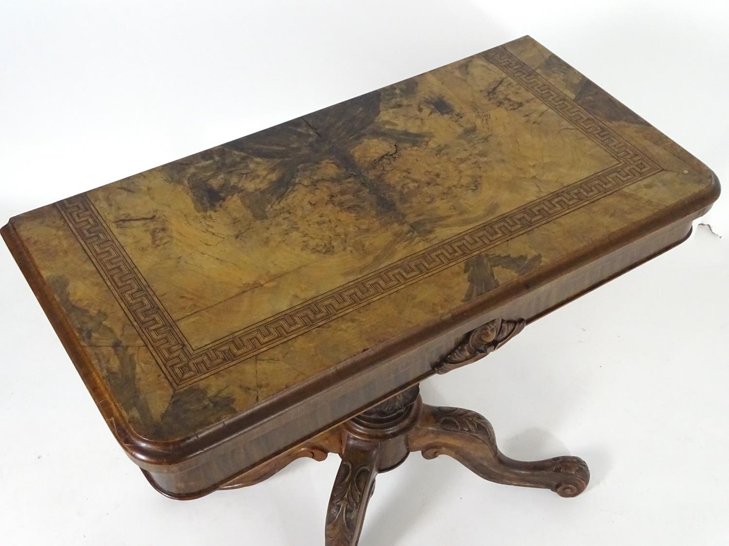 A late 19thC walnut card table with a rectangular top above Greek key decoration and a turned - Image 5 of 6