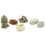 Five Oriental carved soapstone figures to include scarab beetles, a dragon turtle, buffalo and