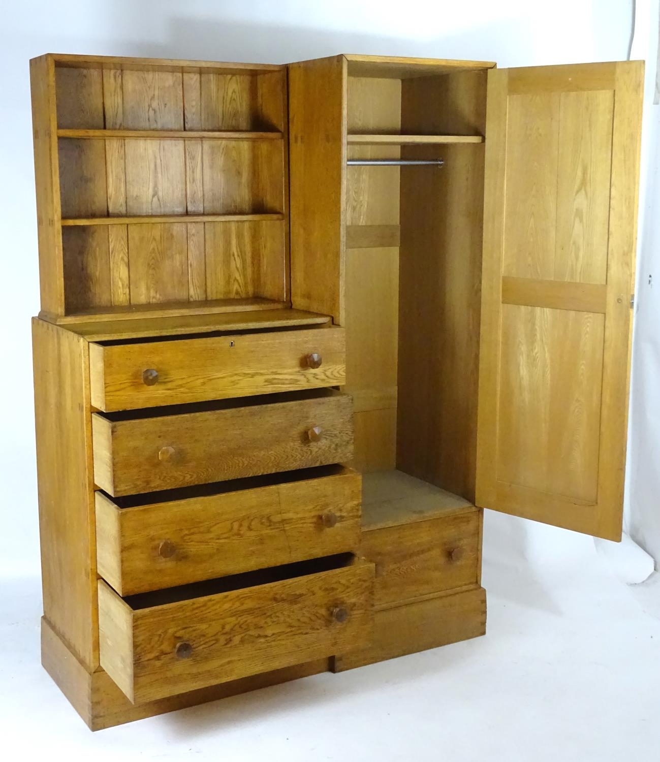 An early / mid 20thC oak combination wardrobe to a design by Peter Waals, Loughborough University. - Image 15 of 18