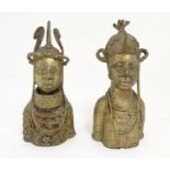 Two 20thC cast models of Benin Bronze busts in ceremonial dress. Approx. 10 1/2" high (2) Please