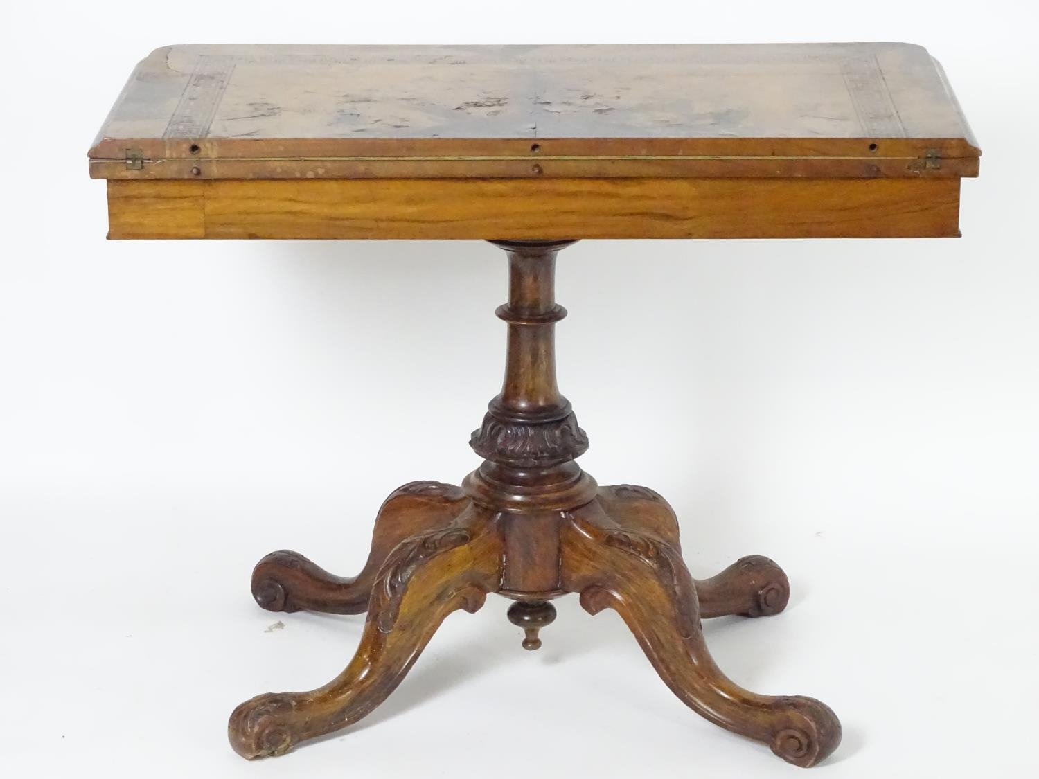 A late 19thC walnut card table with a rectangular top above Greek key decoration and a turned - Image 2 of 6