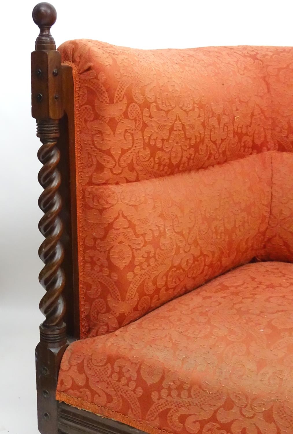 A late 19thC Arts & Crafts three seat sofa with turned barley twist pillars to the front with turned - Image 10 of 13