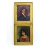 19th century, A pair of oils on canvas, Portraits of a husband and wife. The woman in a landscape