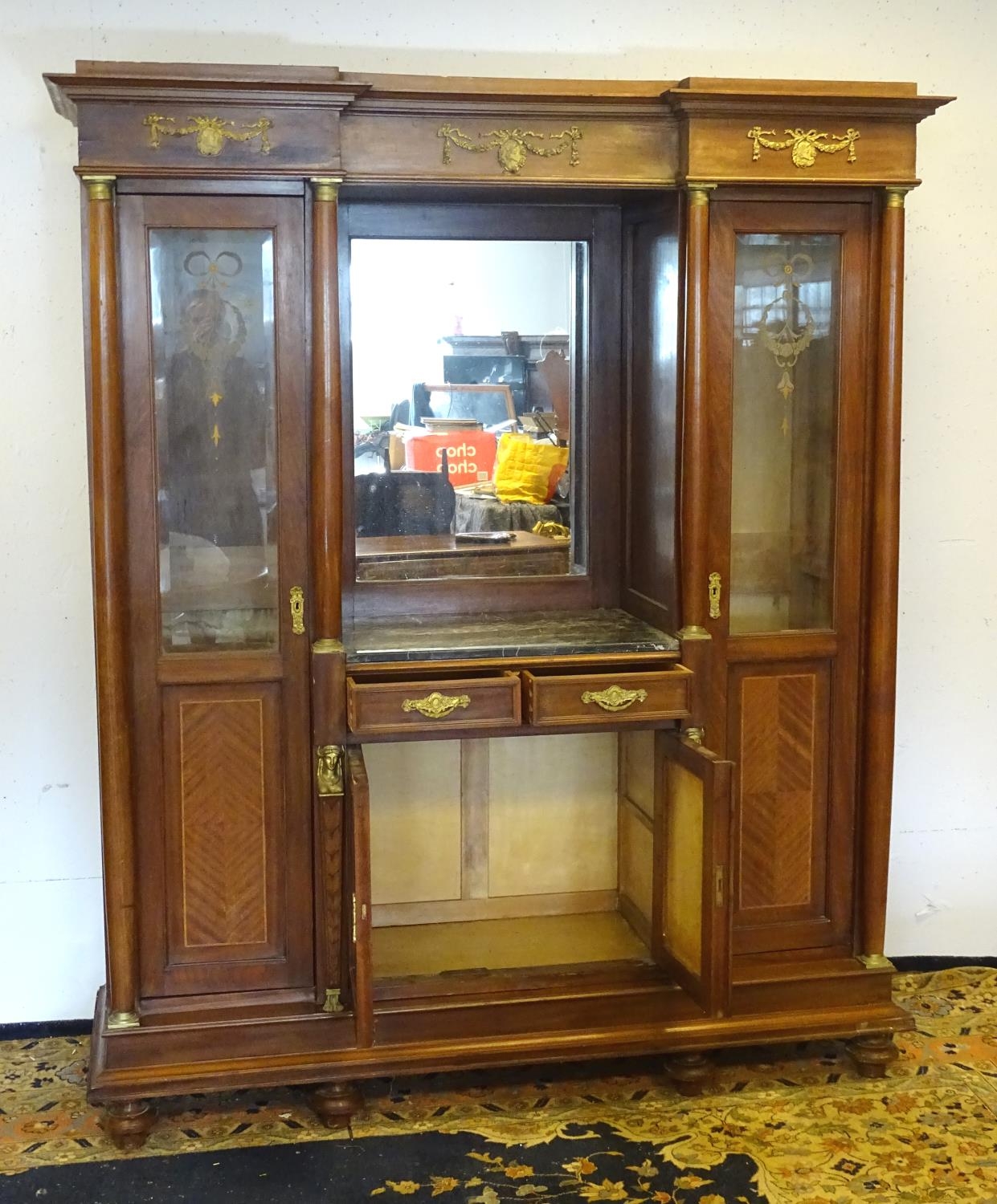 A mid 20thC continental mahogany cabinet having a recessed mirror back with grey marble top over two - Image 2 of 7