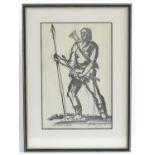 Indistinctly signed, 20th century, Print, A man with a spear, a bow and a quiver of arrows. Signed