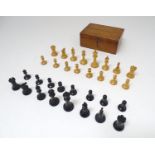 Toys: An early 20thC set of Staunton chess pieces, crown stamps to two Knights and two Rooks. (32