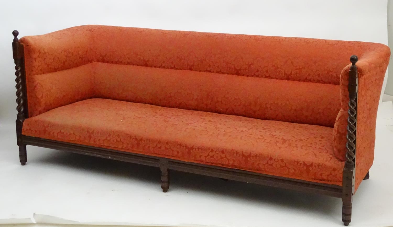 A late 19thC Arts & Crafts three seat sofa with turned barley twist pillars to the front with turned - Image 8 of 13