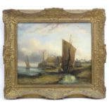 19th century, Marine School, Oil on canvas, A coastal scene with beached fishing boats and a view of