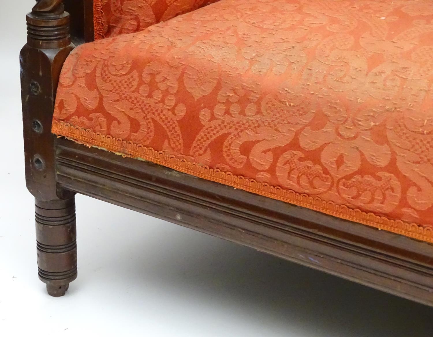 A late 19thC Arts & Crafts three seat sofa with turned barley twist pillars to the front with turned - Image 11 of 13