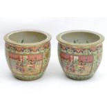 Two large Oriental planters / jardinieres decorated with figures on a terrace and floral and foliate