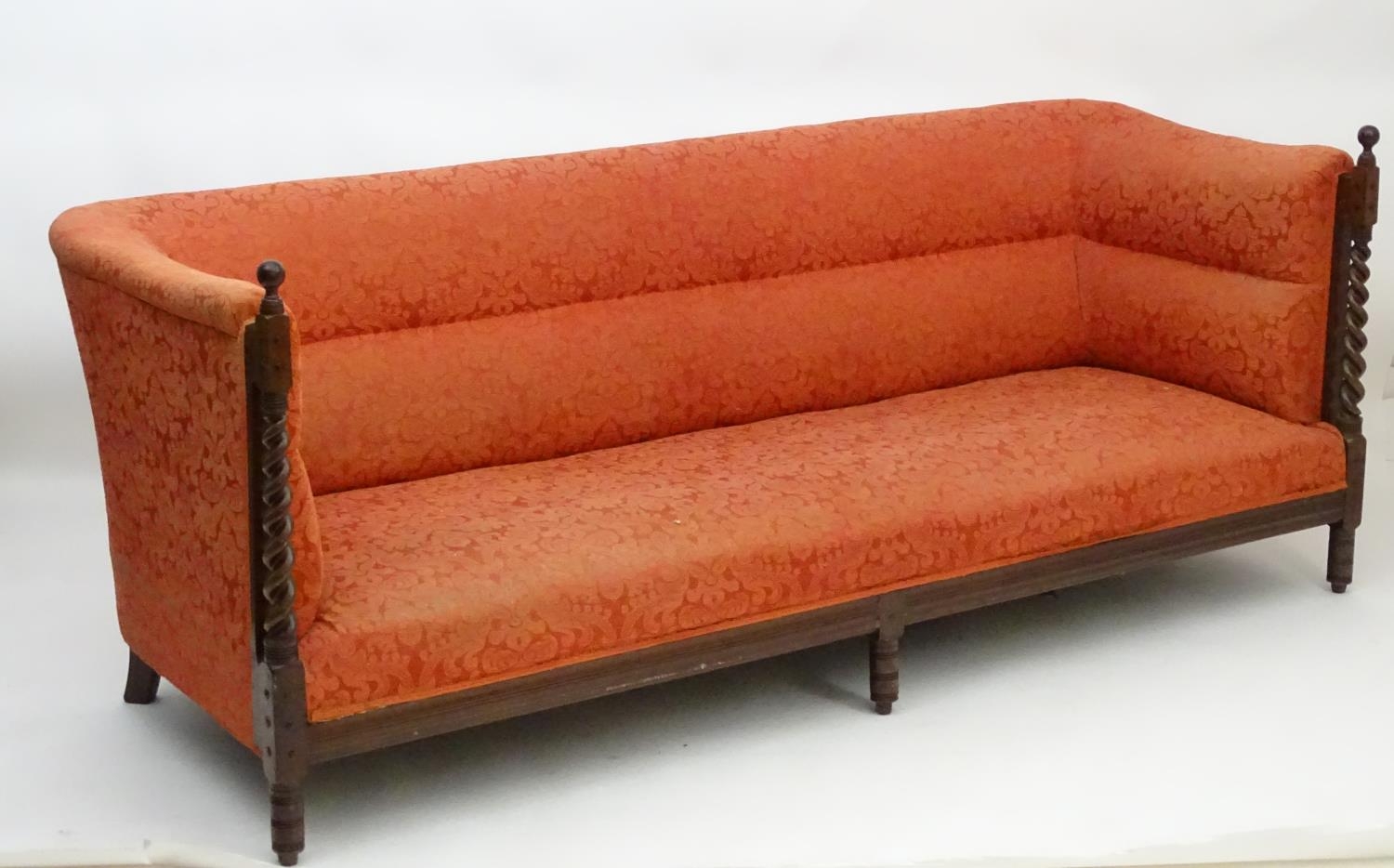 A late 19thC Arts & Crafts three seat sofa with turned barley twist pillars to the front with turned - Image 3 of 13