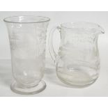 Two items of glassware comprising 20thC footed vase with a flared rim, with etched decoration