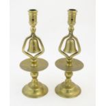 A pair of Victorian brass tavern candlesticks with bells. Approx. 13" high (2) Please Note - we do