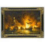 James Hardy, 20th century, Marine School, Oil on canvas laid on board, Broadside, A sea battle