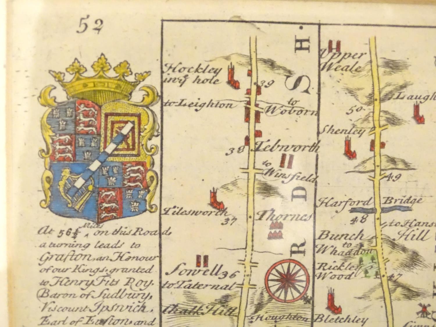 Maps: Two 18thC maps of Bedfordshire, comprising a hand coloured road strip map, published in John - Image 9 of 16