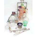 A quantity of assorted items to include a glass lampshade, decanters, Art Deco dessert dishes, etc