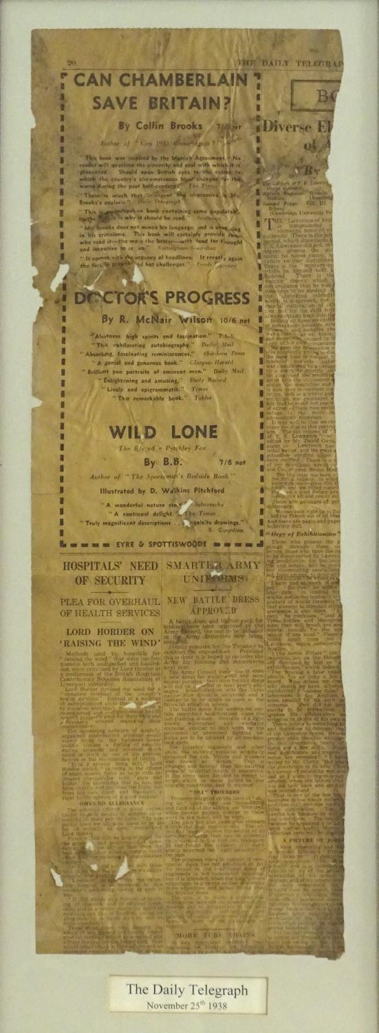 An early 20thC framed newspaper cutting from The Daily Telegraph, November 25th 1938. Article - Image 6 of 10