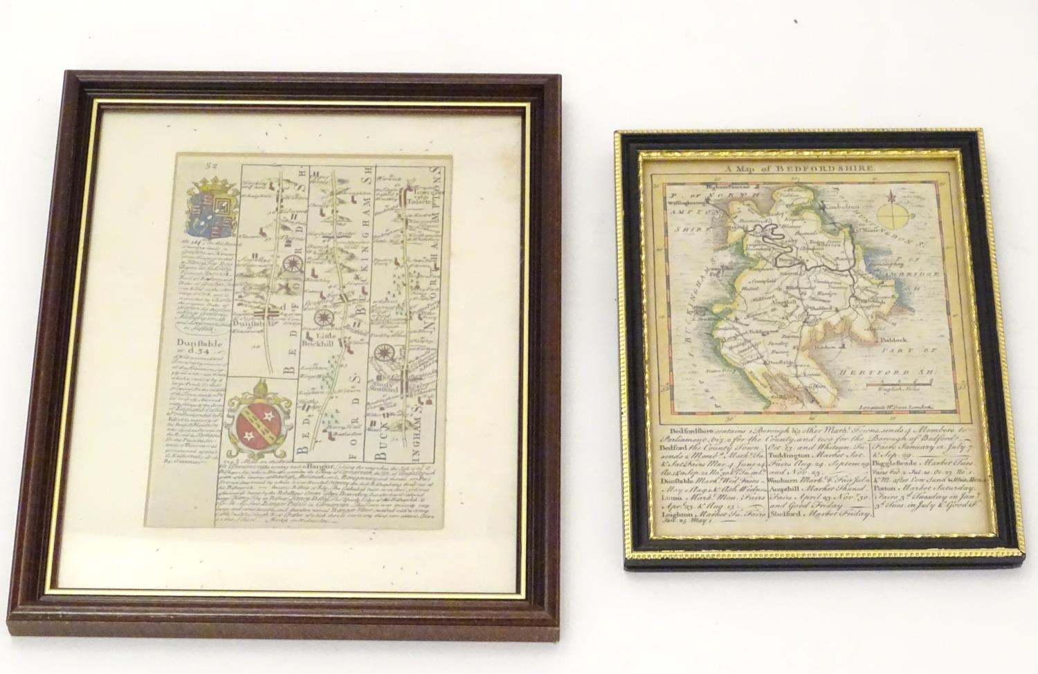 Maps: Two 18thC maps of Bedfordshire, comprising a hand coloured road strip map, published in John