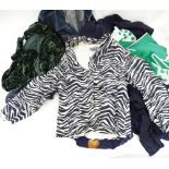 A quantity of assorted vintage clothing to include a Monsoon navy floral dress, an Ibra ribbon style