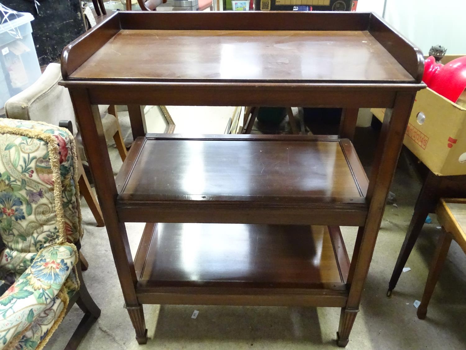 A 20thC mahogany 3 tier buffet. Approx. 45 3/4" tall Please Note - we do not make reference to the - Image 3 of 5