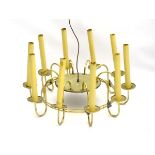 Vintage Retro : a circa 1975 brass 10 light pendant chandelier / electroliere , 30" in diameter.