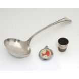 A silver plated ladle, together with a novelty thimble formed shot glass and a stop watch (3) Please