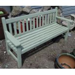 A green painted three seater garden bench Please Note - we do not make reference to the condition of