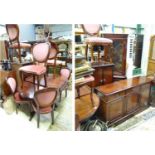 A late 20thC mahogany dining suite comprising table, 6 chairs, sideboard, drinks cabinet and