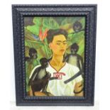 An oil on canvas self portrait with monkeys after Frida Kahlo, signed Bob Sapsford 2014 Please