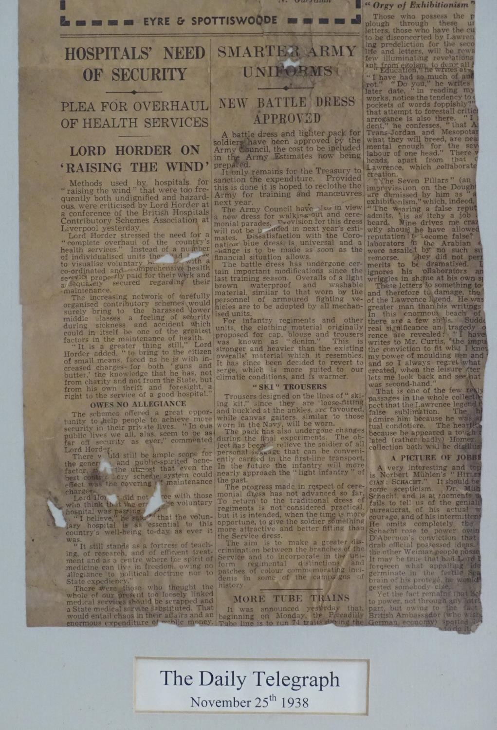 An early 20thC framed newspaper cutting from The Daily Telegraph, November 25th 1938. Article - Image 10 of 10