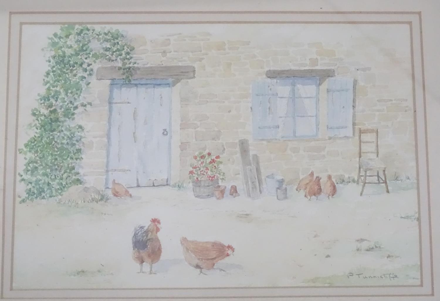 A watercolour depicting chickens in a barnyard, signed P. Tunnicliffe Please Note - we do not make - Image 3 of 6