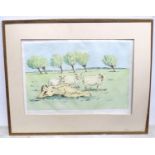 A signed print depicting a nude woman in a landscape with sheep, signed Jane King titled Clevedon