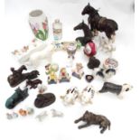 A box of assorted items to include ceramic animals figures, a chemist bottle, small proportion /