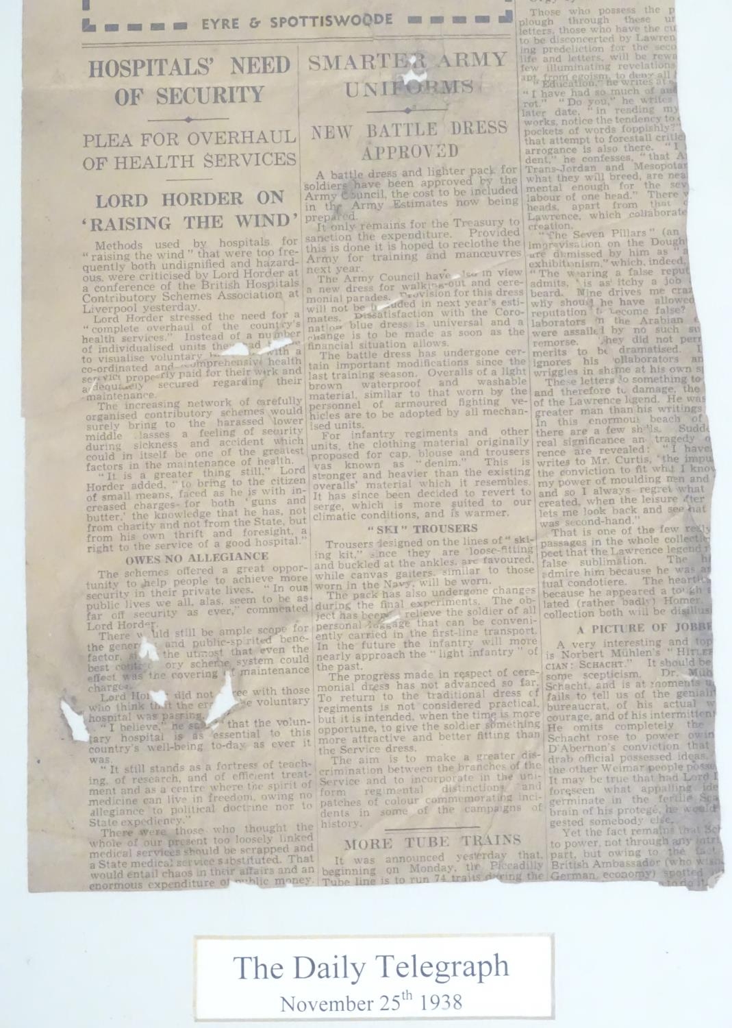 An early 20thC framed newspaper cutting from The Daily Telegraph, November 25th 1938. Article - Image 8 of 10
