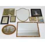 A small collection of framed woolwork / needlework tapestries / samplers, together with a brass