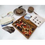 A box of miscellaneous items to include chess set, ceramic dishes, silver plated trays, copper