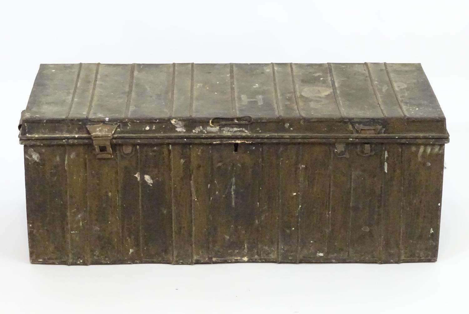 Two late 19thC tin trunks with lifting lids and flanked by carrying handles. The largest measuring - Image 8 of 11