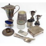 A quantity of silver plated items to include cutlery, cigarette box, trophy, coffee pot, candle