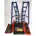 A quantity of mechanics tools to include wheel ramps, trolley jack, socket sets etc. Please Note -