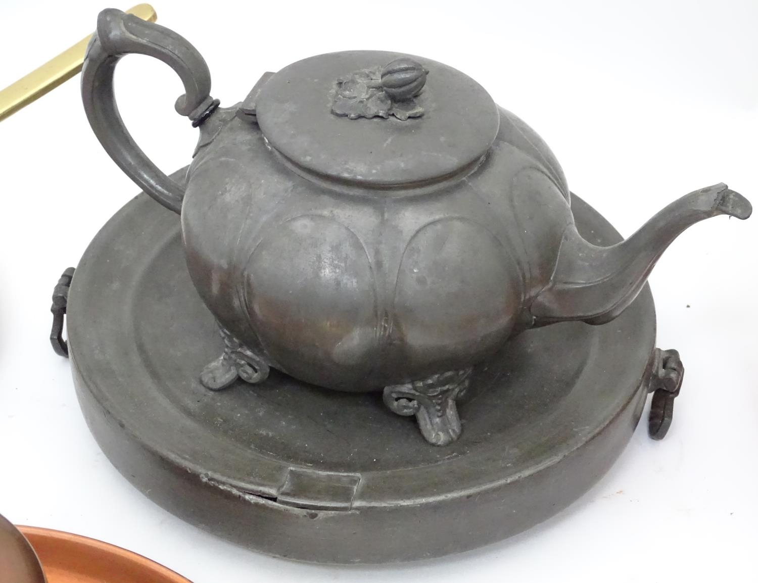 A quantity of assorted metal ware to include copper pans, a pewter warmer, teapot etc. Please Note - - Image 3 of 9