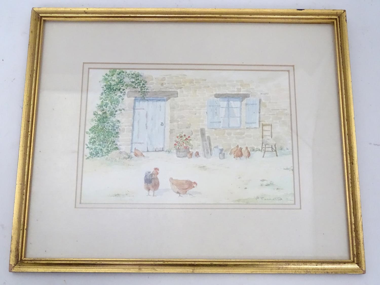 A watercolour depicting chickens in a barnyard, signed P. Tunnicliffe Please Note - we do not make