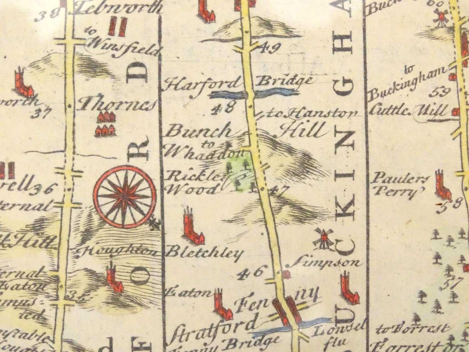 Maps: Two 18thC maps of Bedfordshire, comprising a hand coloured road strip map, published in John - Image 12 of 16