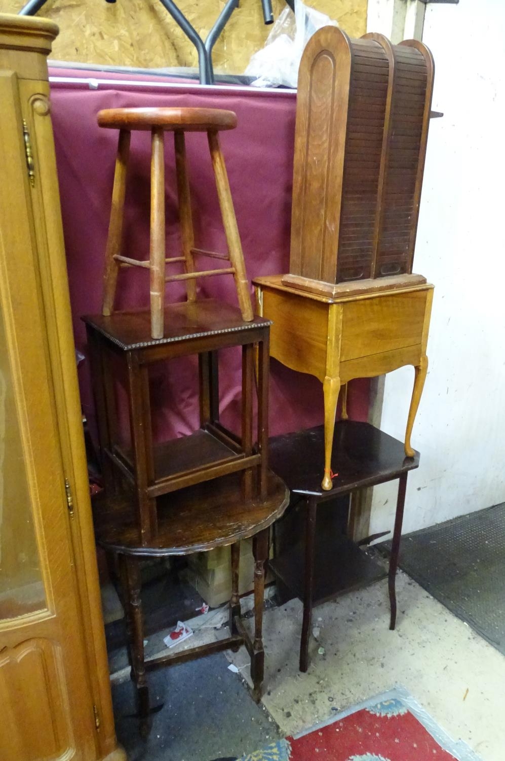 Assorted furniture comprising stool, nest of two occasional tables, pie crust occasional tables,