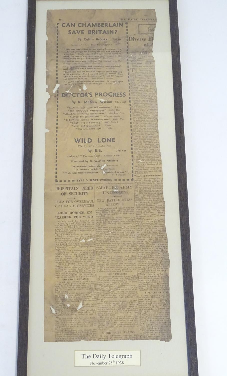 An early 20thC framed newspaper cutting from The Daily Telegraph, November 25th 1938. Article - Image 5 of 10