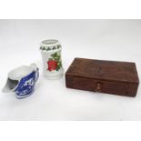 A small elm box. Together with a shaving cup and a Portmeirion Pomona vase. (3) Please Note - we