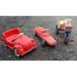 Three mid to late 20thC child's toy cars to include a Tri-ang racecar (3) Please Note - we do not