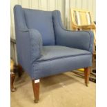 An early 20thC blue upholstered armchair Please Note - we do not make reference to the condition